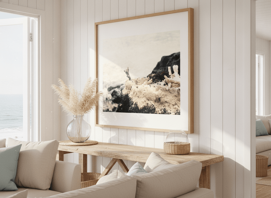 Neutral wall art displayed in a sunny coastal beach house