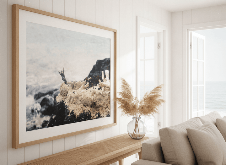 Neutral wall art displayed in a sunny coastal beach house