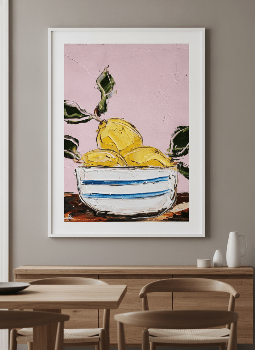 Wall art styled above a dining table in a contemporary home