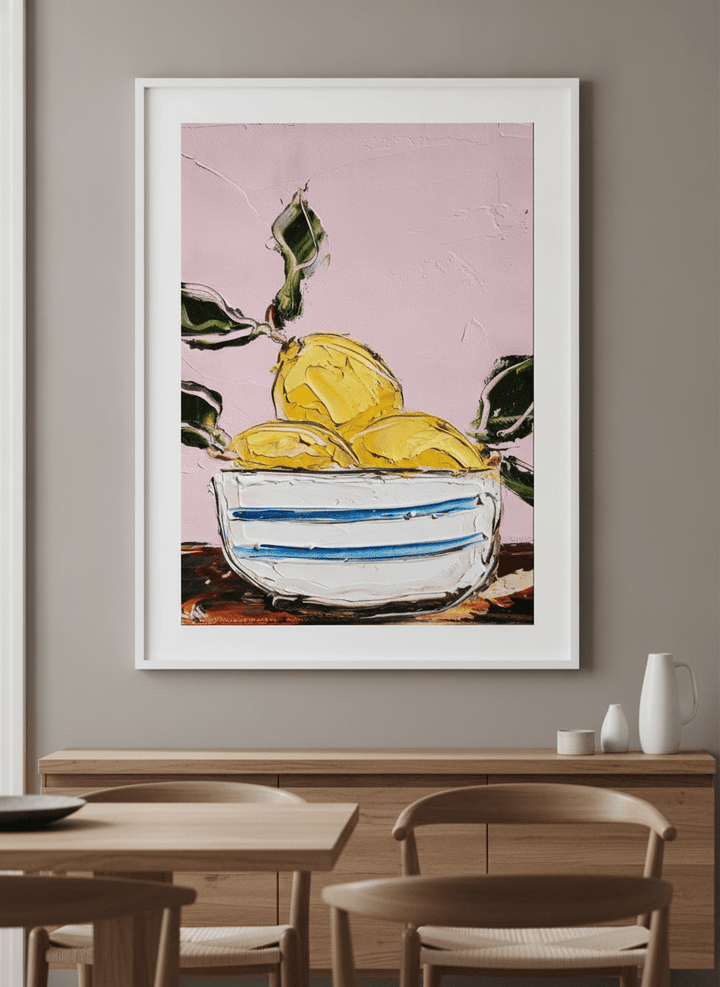 Wall art styled above a dining table in a contemporary home