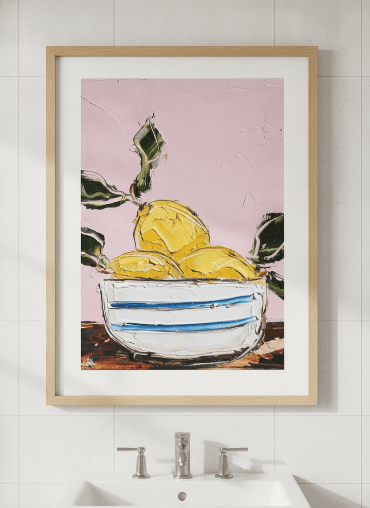 Modern print displayed in a clean minimalist bathroom setting