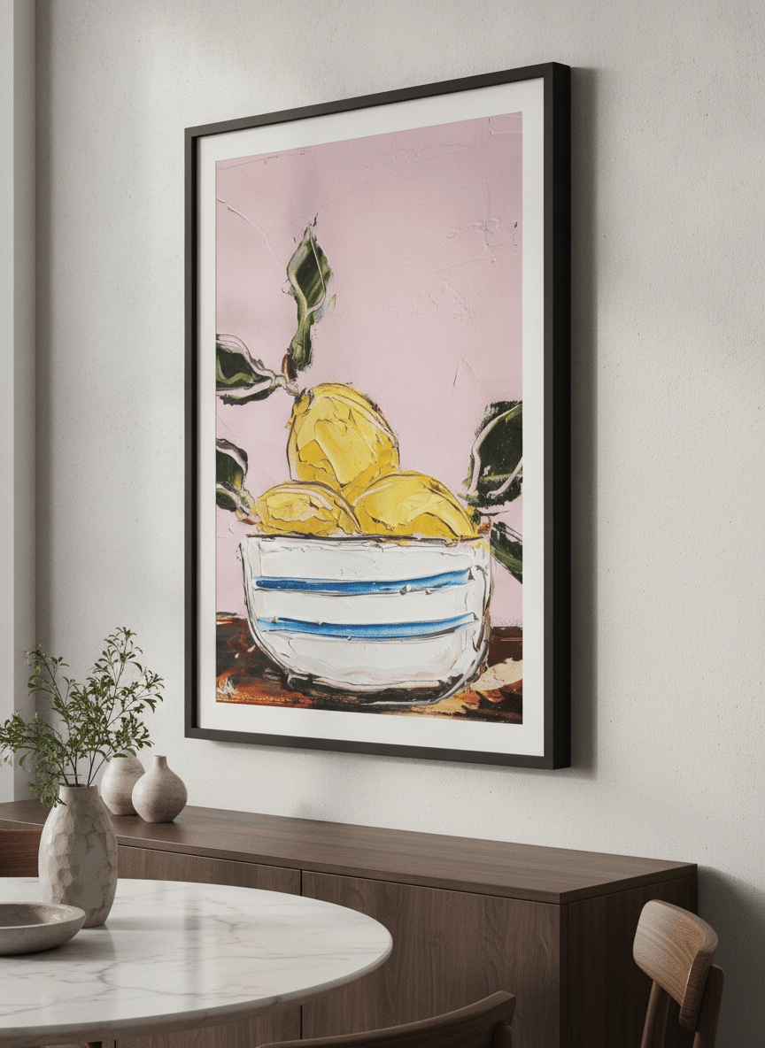 Wall art styled above a dining table in a contemporary home