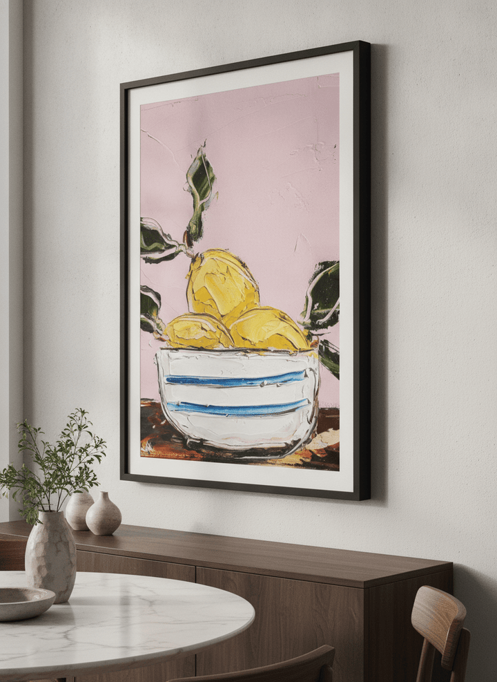 Wall art styled above a dining table in a contemporary home