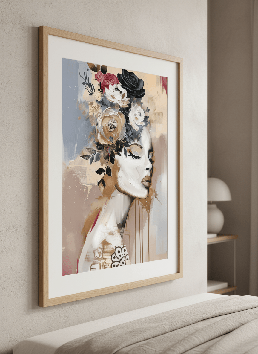 Minimalist artwork displayed in a calm, light-filled bedroom interior