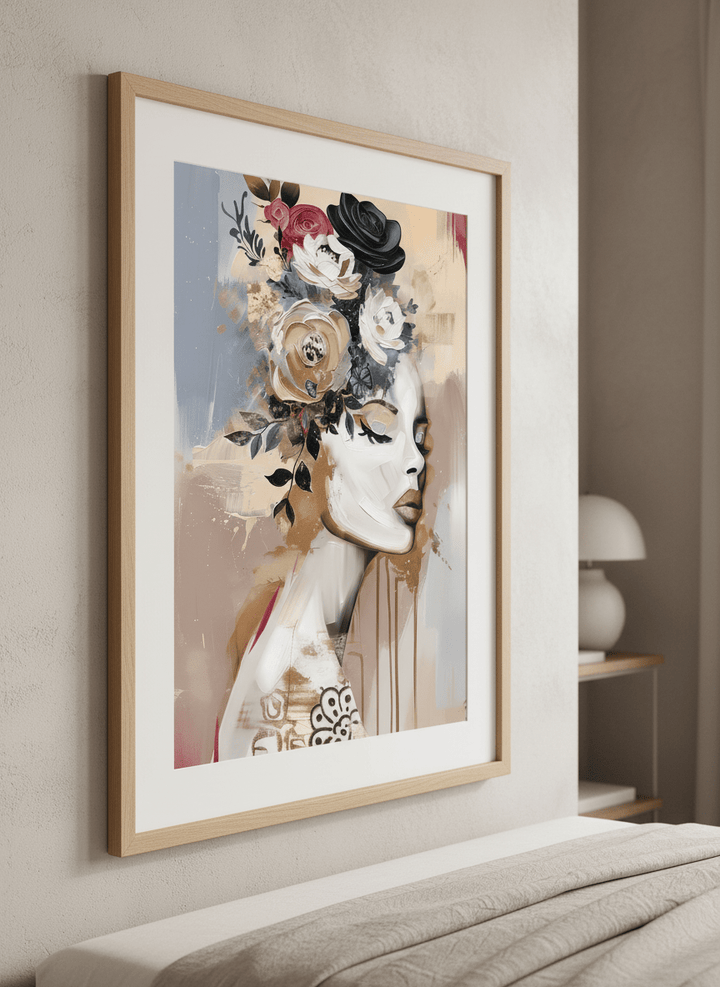 Minimalist artwork displayed in a calm, light-filled bedroom interior