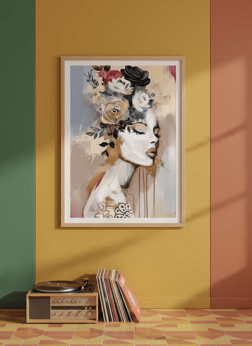 Bold wall art styled in a colourful, eclectic modern home