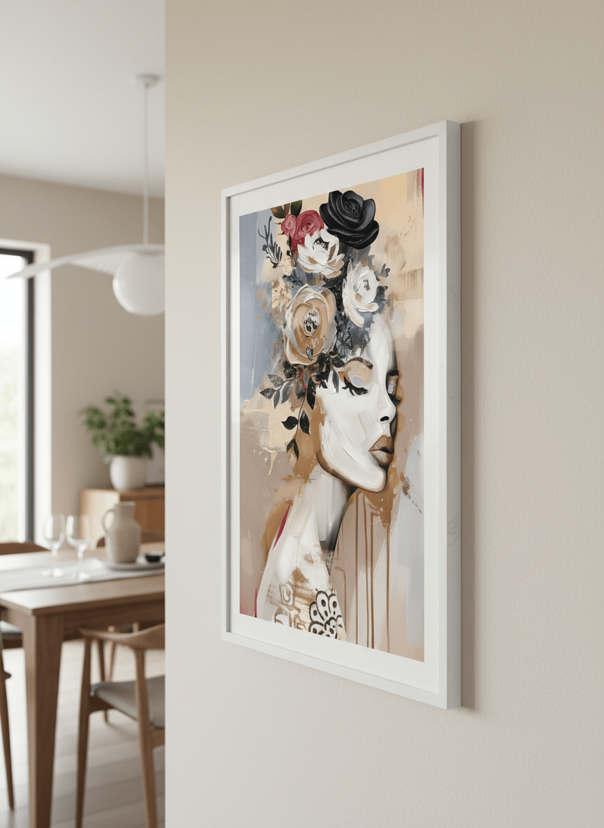 Wall art styled above a dining table in a contemporary home