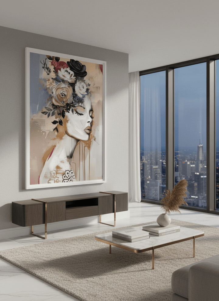 Monumental artwork centred on a feature wall in a luxe interior