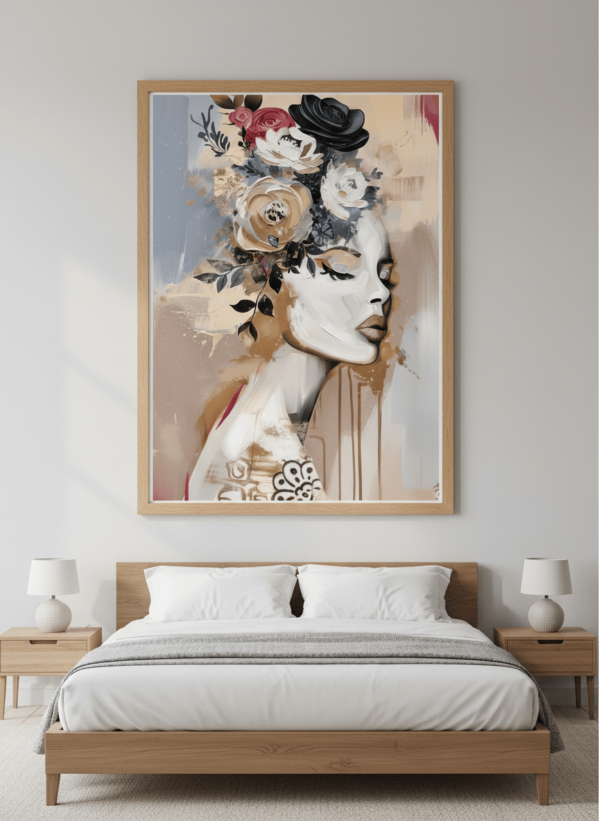 Minimalist artwork displayed in a calm, light-filled bedroom interior