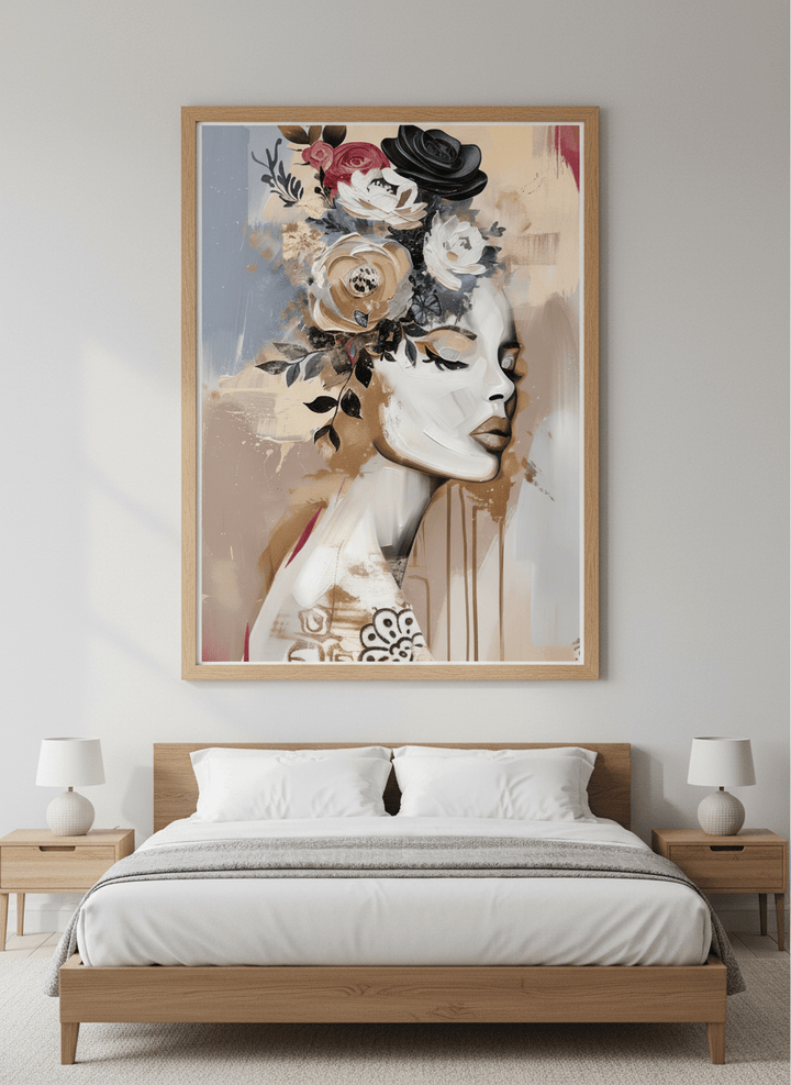 Minimalist artwork displayed in a calm, light-filled bedroom interior