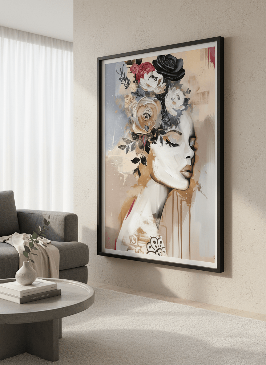 Modern wall art styled above a sofa in a neutral living room