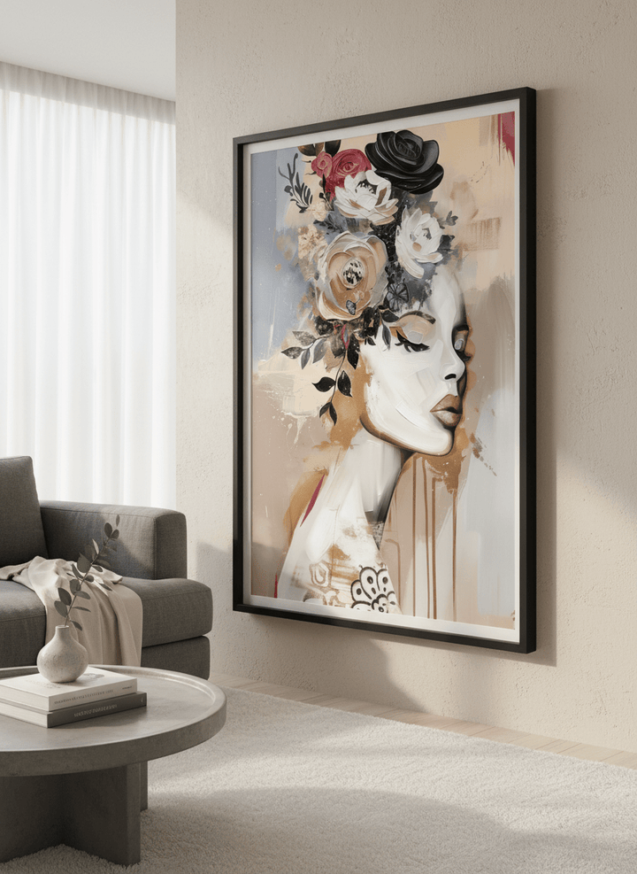 Modern wall art styled above a sofa in a neutral living room
