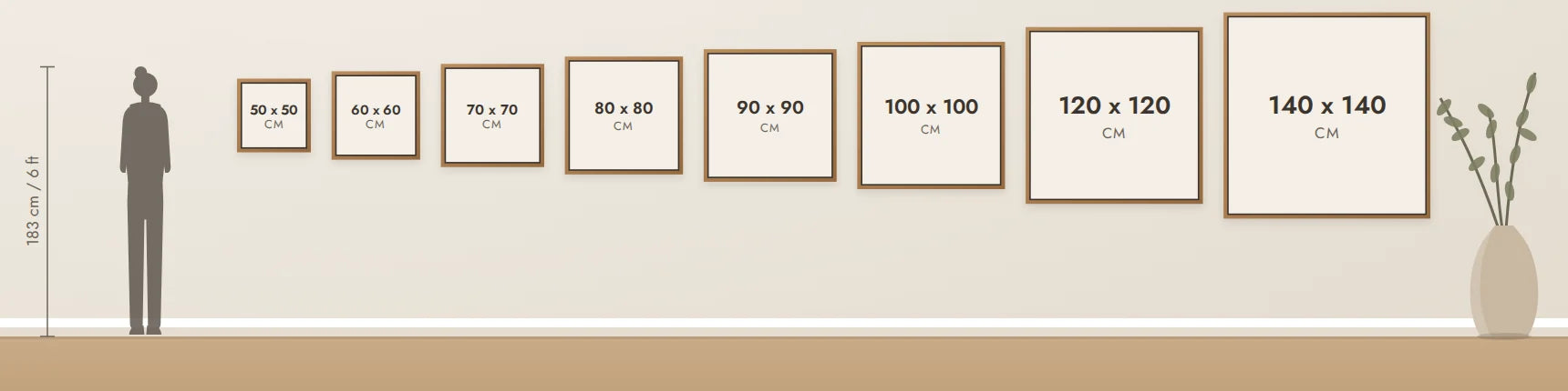 Square canvas sizes from 50 x 50 cm to 140 x 140 cm, shown to scale beside a 183 cm person