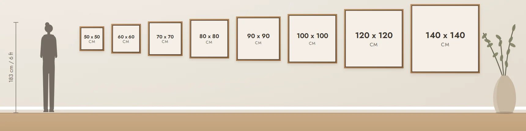 Square canvas sizes from 50 x 50 cm to 140 x 140 cm, shown to scale beside a 183 cm person